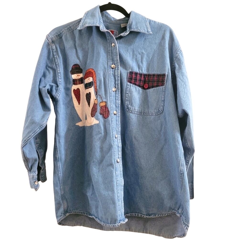 Vintage 90s Snowman Embroidered Denim Button Up Shirt Size L Holiday Christmas